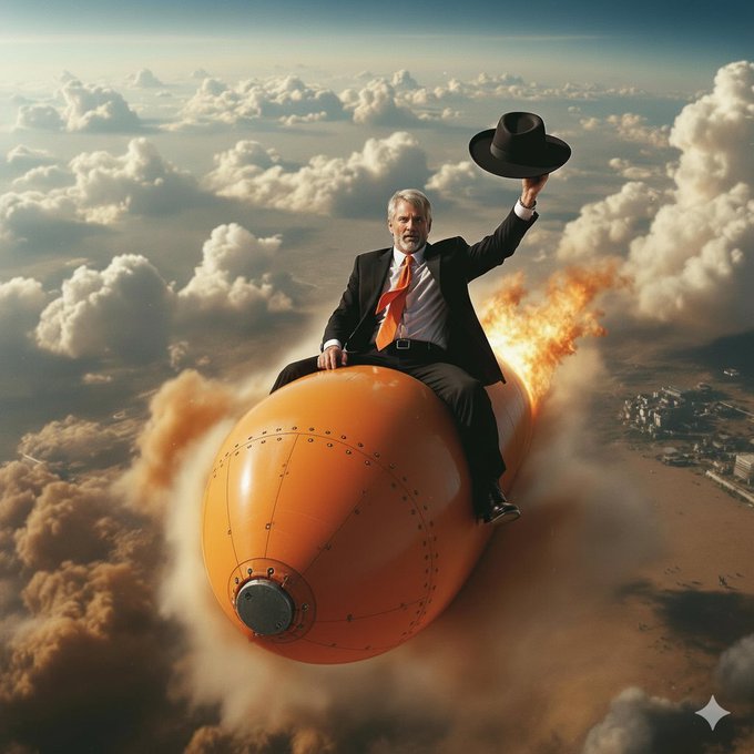 Man resembling Michael Saylor with gray hair and beard wears a black hat suit red tie and black shoes while raising one arm sits astride a large orange rocket with flames and smoke trailing behind amid white clouds and distant factories below