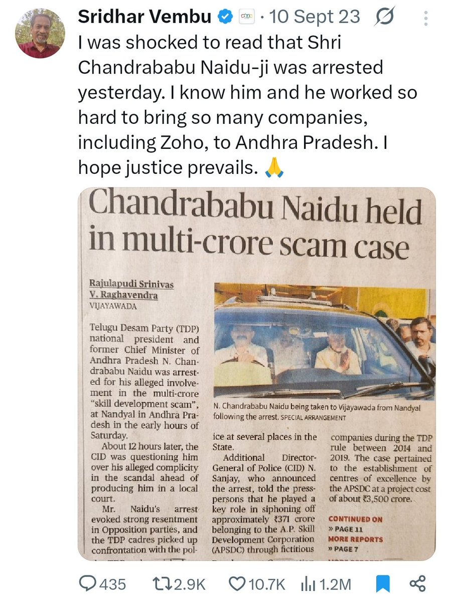 Zoho founder when CBN got arrested. good enough reason for TDP sympathisers to latch onto Zoho products.

and that Renigunta facility which started off as a 50 member facility is now at 500 strength.
