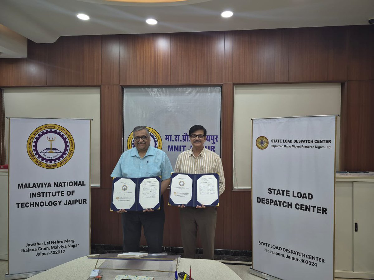 RRVPNL2000's tweet image. मालवीय राष्ट्रीय प्रौद्योगिकी संस्थान, जयपुर और राजस्थान विद्युत प्रसारण निगम लिमिटेड द्वारा संचालित स्टेट लोड डिस्पैच सेंटर, जयपुर के बीच विद्युत क्षेत्र में नई तकनीक अपनाने के समझौते (MOU) पर हस्ताक्षर किए गए।