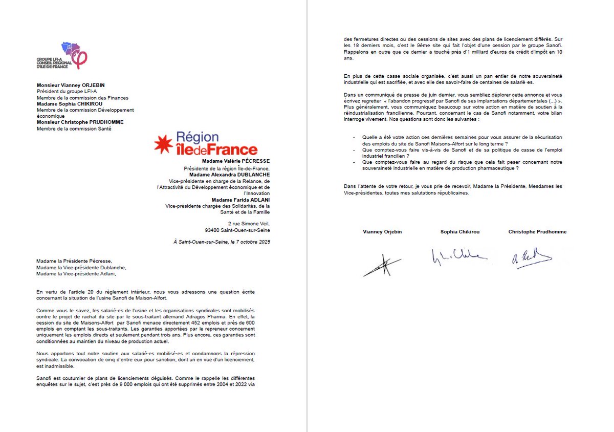 Soutien aux employé·es de Sanofi mobilisé·es aujourd'hui à Gentilly contre la vente du site de Maisons-Alfort.

Le groupe LFI-A a sollicité Valérie Pécresse par courrier afin de lui demander d'agir.

Soutenez aussi la mobilisation en signant la pétition⤵️
chng.it/FDpptzNwYy