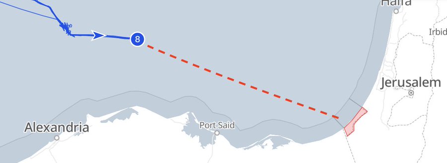 Map displays a blue route line starting from Alexandria in Egypt, passing through Port Said, and heading towards Gaza with a red dashed line indicating the Red Zone boundary near the Israeli coast. A blue arrow marker labeled 8 points to the current position approximately 170 nautical miles from Gaza. Gray shaded areas represent land masses including parts of Israel and Egypt.