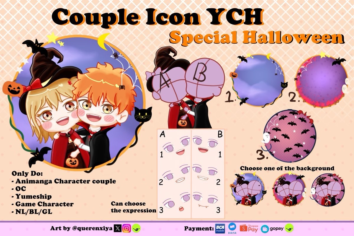 🎨 haii guysss aku baru open commission couple icon YCH special halloween nihh dan open art raffle juga lohh, yuk ikutan:D linknya sender kirim lewat reply yaa