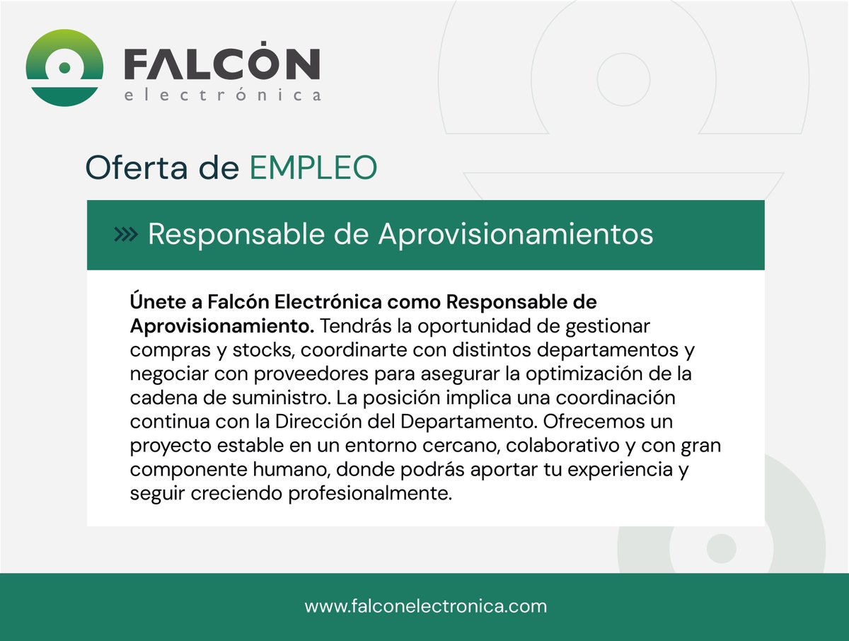 FALCONElect's tweet photo. 📢 Buscamos Responsable de Aprovisionamientos para unirse al equipo de Falcón Electrónica.

Si te interesa saber más e inscribirte a la oferta, puedes hacerlo aquí 👉 https://t.co/855OJDTh2A https://t.co/GmfITUoK0X