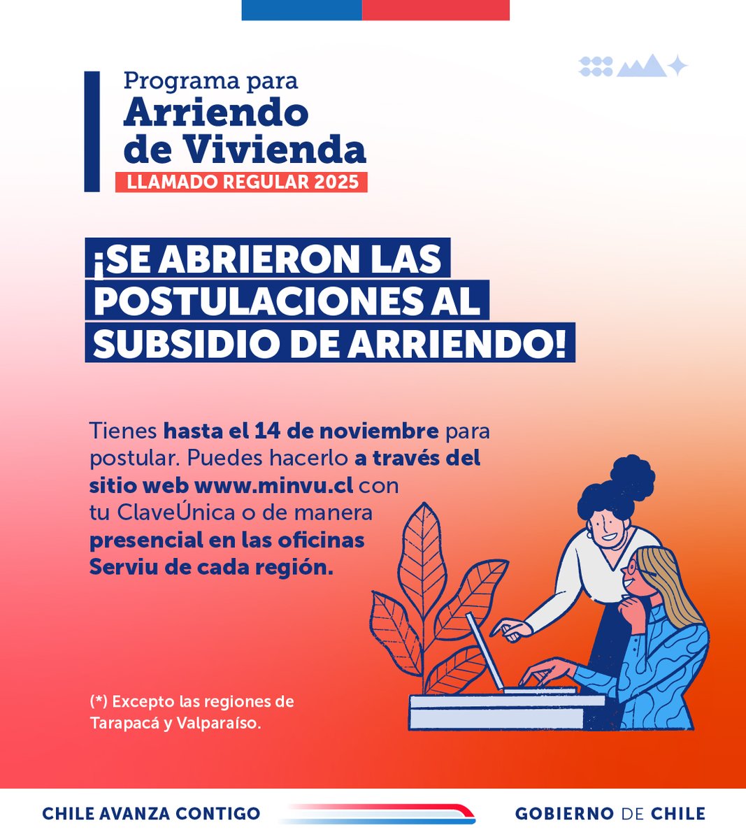 🏡✨ ¡Ya puedes postular al Subsidio de Arriendo 2025!

Este beneficio estatal entrega un apoyo mensual a las familias que arriendan una vivienda, de hasta 4,9 UF ($193.000 aprox.), facilitando el acceso a una solución habitacional flexible y acorde a sus necesidades 🏘️