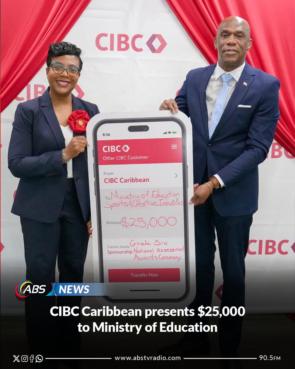 The nation's top 100 Grade Six students will be honoured during the 13th Annual CIBC Caribbean Grade Six National Assessment Awards on October 16th, 2025. The bank presented a cheque for $25,000 to the Ministry of Education, Sports and Creative Industries.