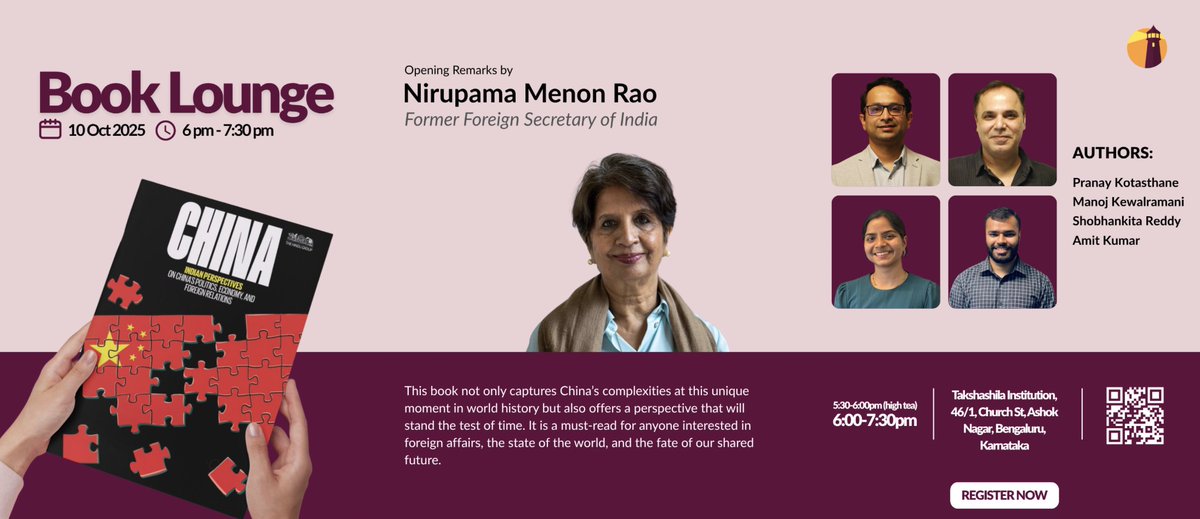 If in Bengaluru this Friday, don't miss this China event: <a href="/NMenonRao/">Nirupama Menon Rao 🇮🇳</a>, plus <a href="/am_i_t_kumar/">Amit Kumar</a>, <a href="/shobhankita/">Shobhankita Reddy</a> <a href="/pranaykotas/">Pranay Kotasthane</a> who've written outstanding essays on China's economy, trade, technology for our volume will be in conversation <a href="/TakshashilaInst/">Takshashila Institution</a>. Register: takshashila.org.in/content/events…