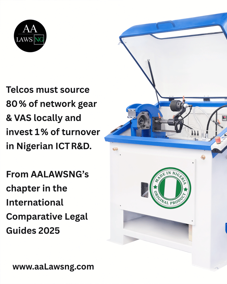 aalawsng's tweet image. From AALAWSNG’s Nigeria chapter in the International Comparative Legal Guides (ICLG) – Telecoms, Media &amp;amp; Internet 2025 Guide.

To read more and gain further insights, please visit our website:
lnkd.in/gPjFHW3S

#LocalContent #ICT #TelecomPolicy #ICLG2025 #AALAWSNG