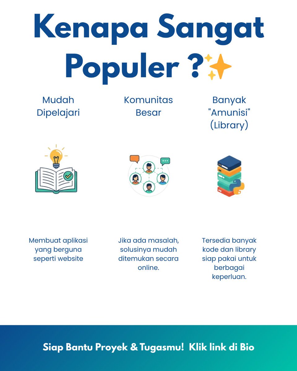 jasadatait's tweet image. Fungsinya: 🧠 AI/ML, 📊 Analisis Data, 🌐 Pengembangan Aplikasi, &amp; 🤖 Automasi.
Punya tugas atau proyek Python tapi dikejar deadline? Tim kami di @jasadatait siap bantu!
#Python #JasaKoding #BelajarCoding #Mahasiswa