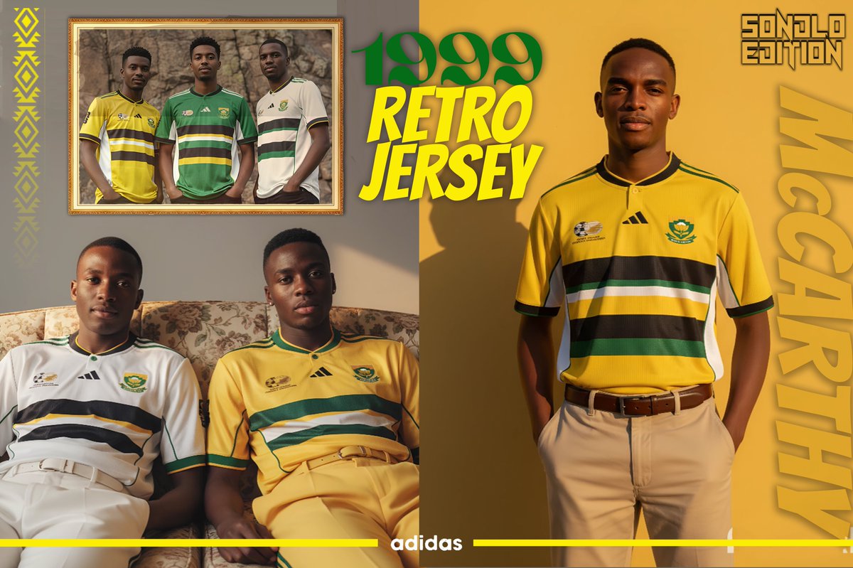 ProSbuda's tweet photo. Bafana Bafana🇿🇦 Men's 1999 Retro Kit

#BafanaBafana #SouthAfrica #BafanaPride #Mzansi #kasiflava #Adidas 

Design by: @sondlo_edition
                 https://t.co/3rsPyWqD7r https://t.co/ZraCwLBWE6