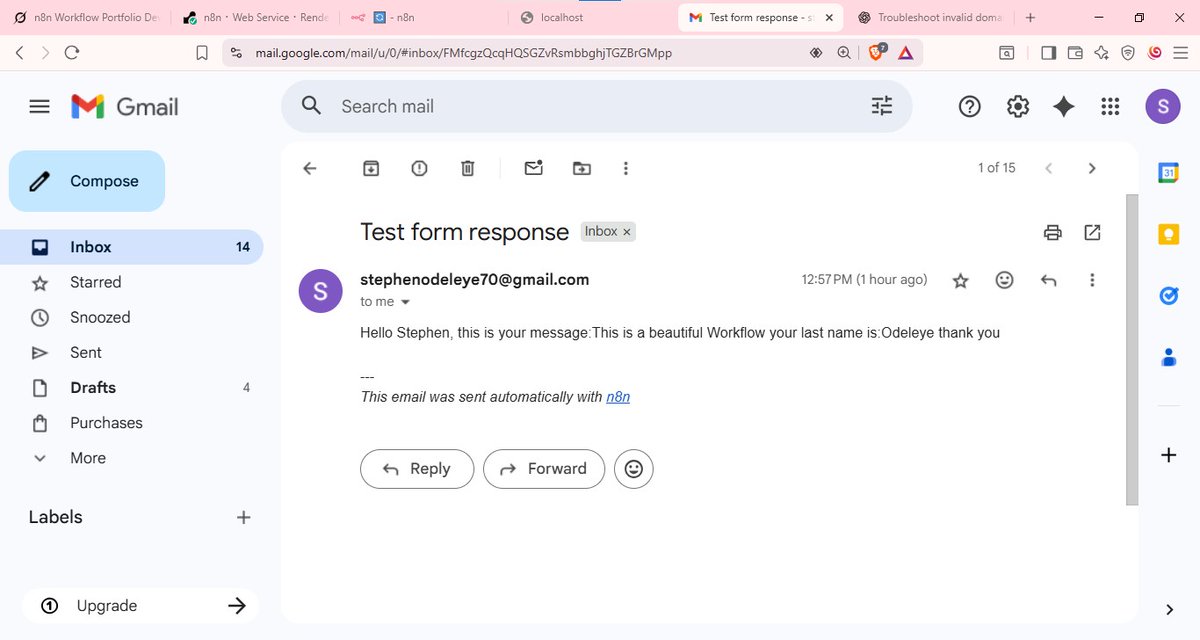 steveodeleye's tweet photo. @omoalhajaabiola @n8n_io @JanOberhauser @skill_afrika_ @skill_afrika_ I'm diving into n8n for AI agents and automation
I've already built a couple workflows: one that grabs form submissions and emails them out, and another that pulls RSS feeds on a schedule and posts updates to Slack. Attaching screenshots below. https://t.co/yi5B57NZNM