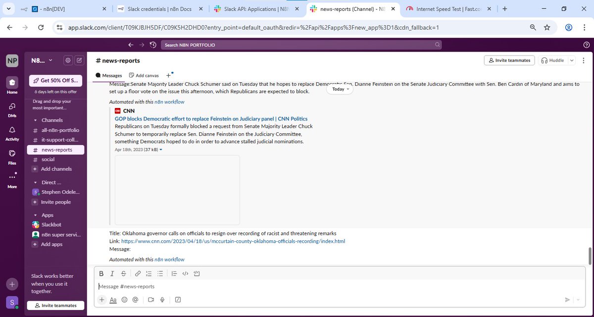 steveodeleye's tweet photo. @omoalhajaabiola @n8n_io @JanOberhauser @skill_afrika_ @skill_afrika_ I'm diving into n8n for AI agents and automation
I've already built a couple workflows: one that grabs form submissions and emails them out, and another that pulls RSS feeds on a schedule and posts updates to Slack. Attaching screenshots below. https://t.co/yi5B57NZNM