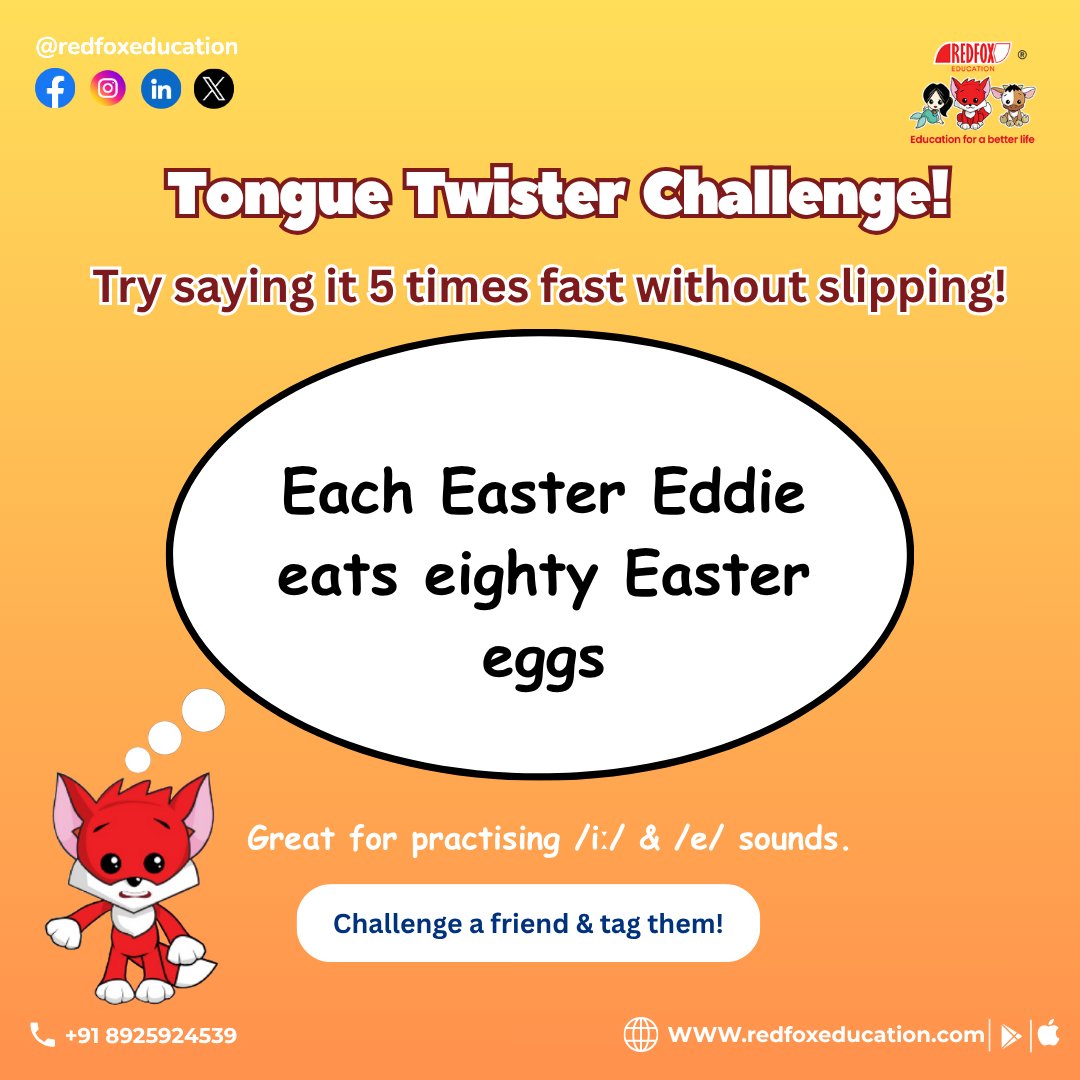 RedFox_EdTech's tweet image. 🎤 Tongue Twister Challenge!
Can you say this 5 times fast without slipping? 🤪
Download Our Mobile App:
Google Play: bit.ly/31lO56z
App Store: apple.co/39UxPwl
#TongueTwisterChallenge #EnglishFun #EnglishLearning #LearnEnglish #RedFoxEducation