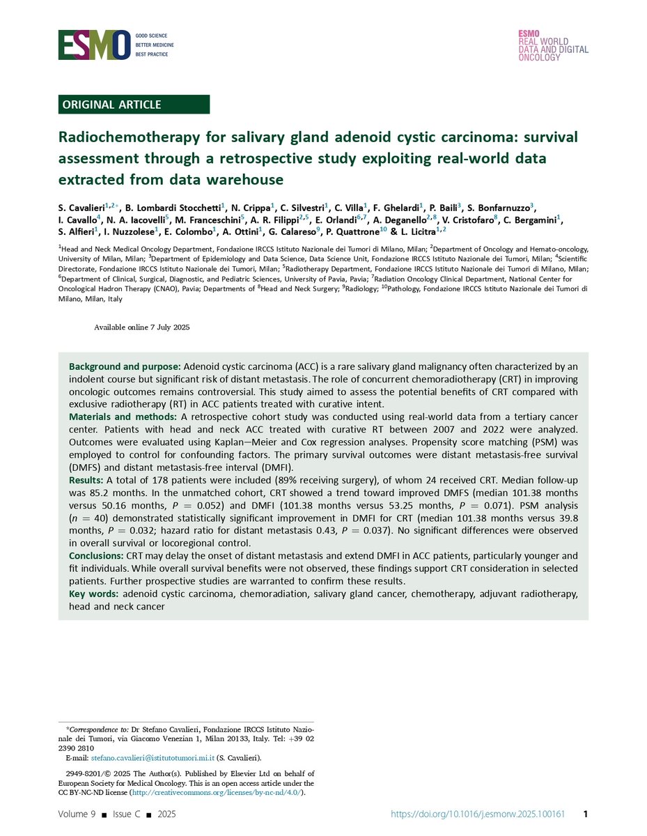 RRobaina75's tweet image. Radiochemotherapy for salivary gland adenoid cystic carcinoma: survival assessment through a retrospective study exploiting real-world data.
#aeprot #particletherapy #CIRT #hadrontherapy