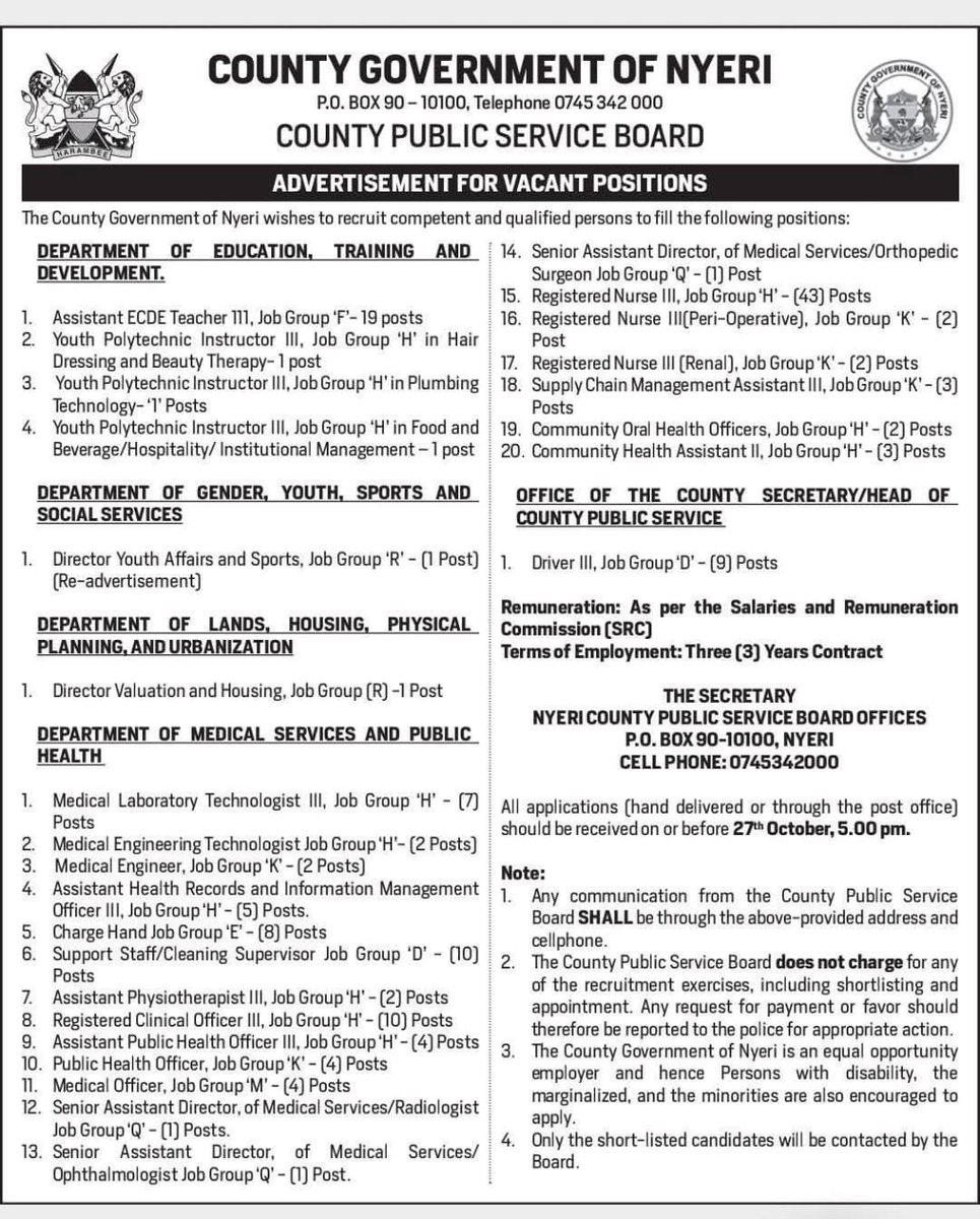 Advertisement for Vacant Positions at <a href="/County19Nyeri/">County Government of Nyeri</a>