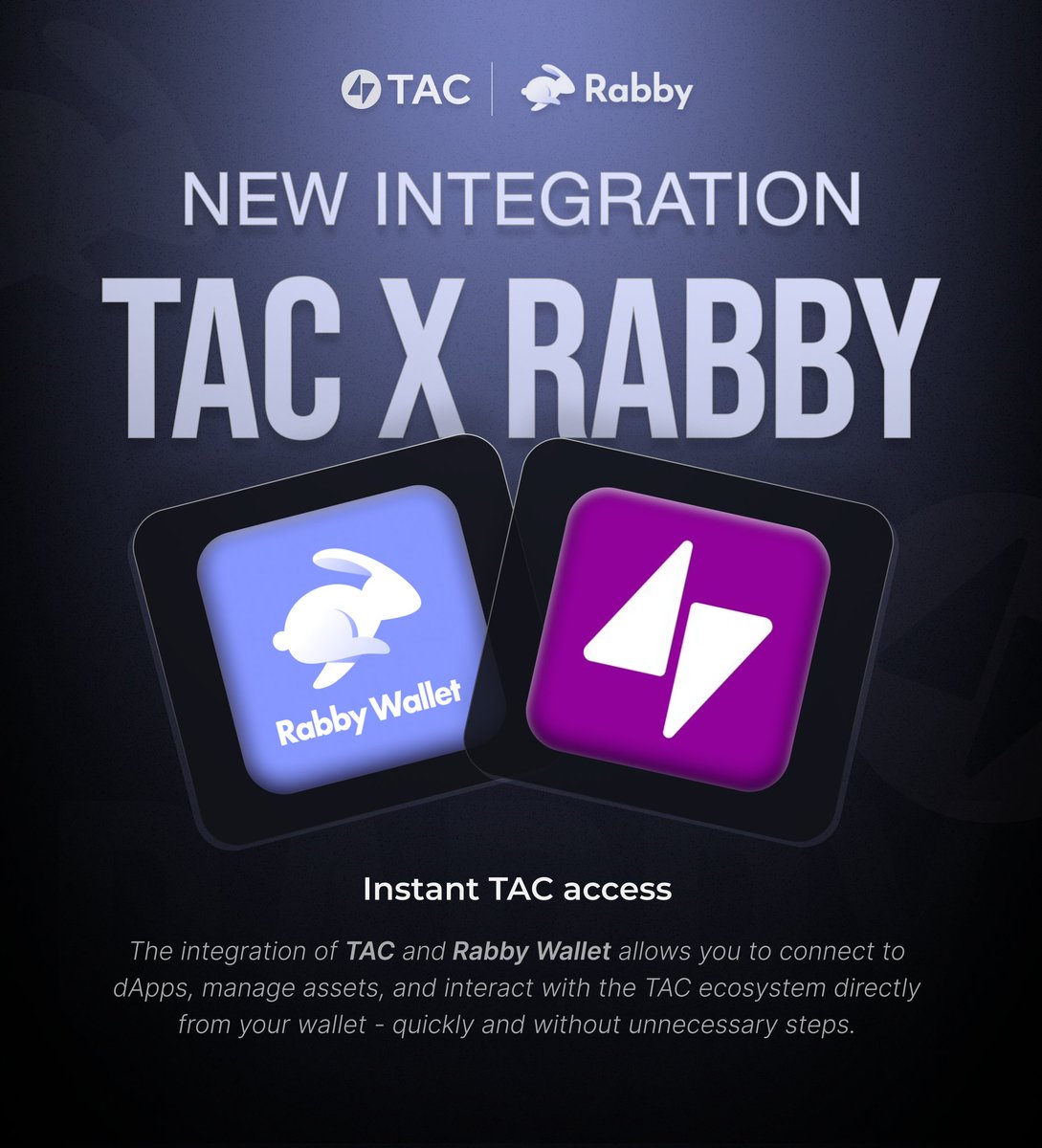 Aarshynov (@aarshynov) on Twitter photo Another integration for TAC : Rabby Wallet 🤝
Now users can connect to <a href="/TacBuild/">TAC (🫰,✨️)</a> dApps directly through <a href="/Rabby_io/">Rabby Wallet</a>, without bridges or extra steps
This simplifies access to the TAC ecosystem - all interaction with dApps, assets, and tokens is now available in one wallet 🧩 Another integration for TAC : Rabby Wallet 🤝
Now users can connect to <a href="/TacBuild/">TAC (🫰,✨️)</a> dApps directly through <a href="/Rabby_io/">Rabby Wallet</a>, without bridges or extra steps
This simplifies access to the TAC ecosystem - all interaction with dApps, assets, and tokens is now available in one wallet 🧩