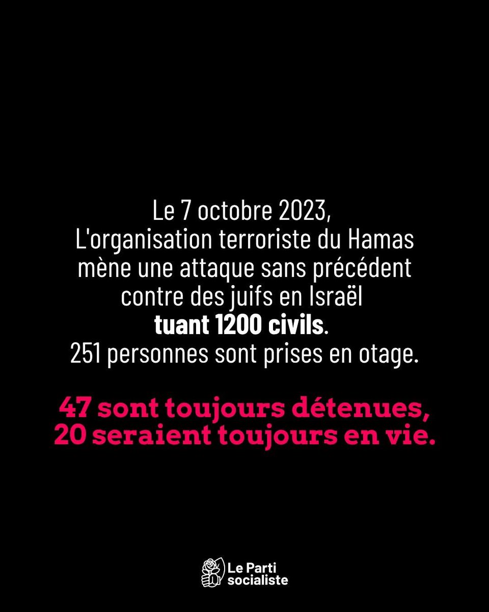 ⚫ 7 octobre : Ne rien oublier
2 ans après l’attaque terroriste du 7 octobre, 47 otages sont encore détenus par le Hamas. 

Aujourd’hui, comme depuis 2 ans, nous demandons leur libération immédiate et la restitution des corps aux familles.
