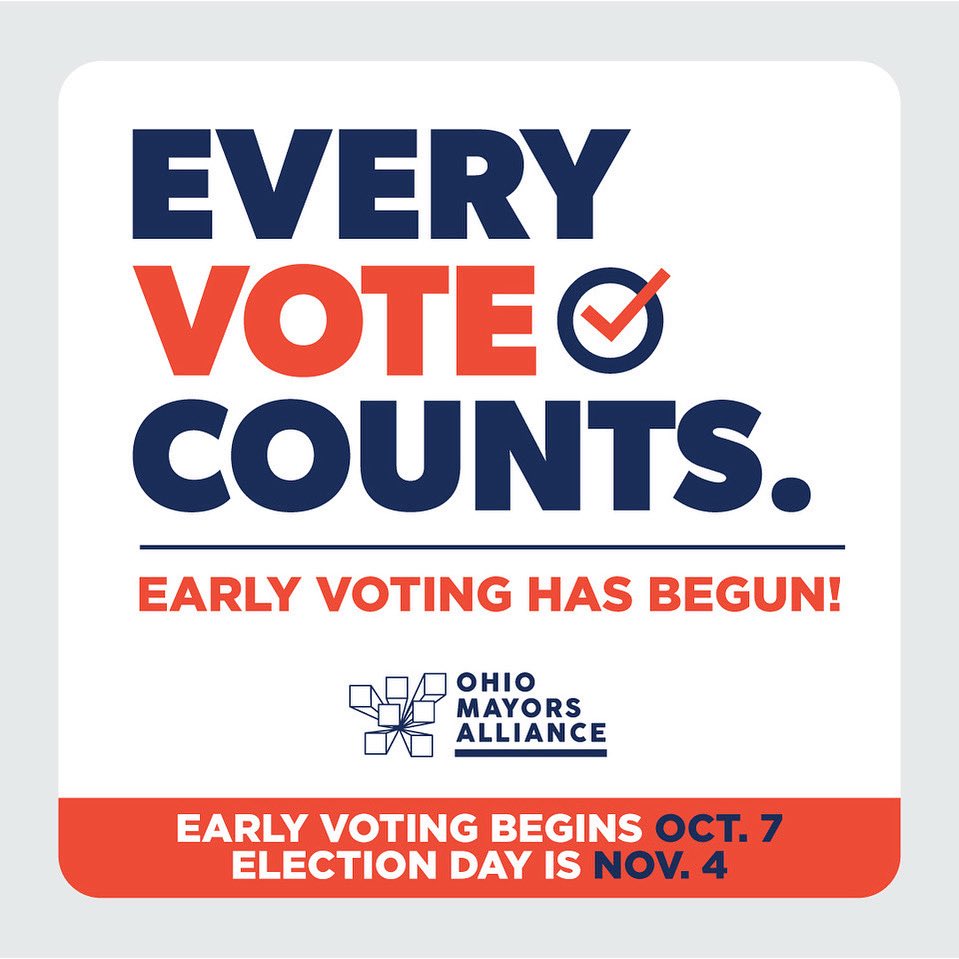 Early voting has begun across Ohio! 🗳️ Voters can cast their ballots starting today through Election Day on November 4th.

#OhioMayorsAlliance #VoteOhio