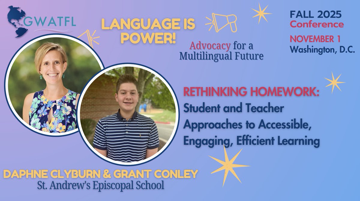 GWATFL's tweet image. 💡 Another amazing student + teacher duo joins the GWATFL Fall Conference!
📅 Nov 1 | Marshall High School
✨ Language is Power: Advocacy for a Multilingual Future
Don’t miss it — register today! gwatfldc.org/store/p7/Fall_…
#GWATFL #LanguageIsPower #StudentVoice #TeacherVoice