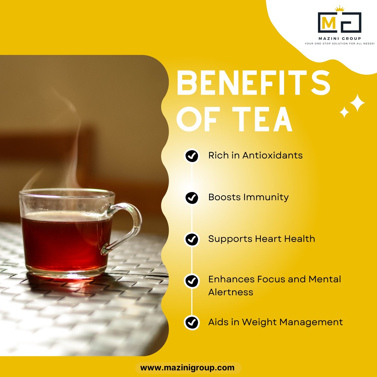 mazinigroup's tweet image. Sip your way to better health! ☕ Discover the amazing benefits of incorporating tea into your daily routine. 
#BenefitsOfTea #TeaTime #HealthyLifestyle #Antioxidants #ImmunityBoost #HeartHealth #FocusAndAlertness #WeightManagement #WellnessJourney #Mazinigroup