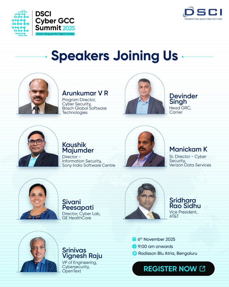 DSCI_Connect's tweet image. We’re thrilled to introduce the incredible lineup of speakers joining us at India’s first #CyberGCCSummit2025 on 6 November 2025 in Bengaluru.

Join us to hear from industry leaders as they unpack key insights and strategies on navigating geopolitics, strengthening OT security,…