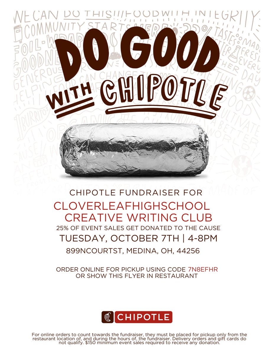 CloverleafLocal's tweet image. Now til 8 p.m.! Grab dinner at the Medina North Court Street Chipotle and support the CHS Creative Writing Club.
