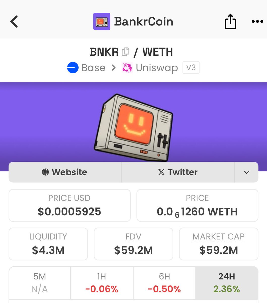 DexScreener에 표시된 BankrCoin 가격 및 통계