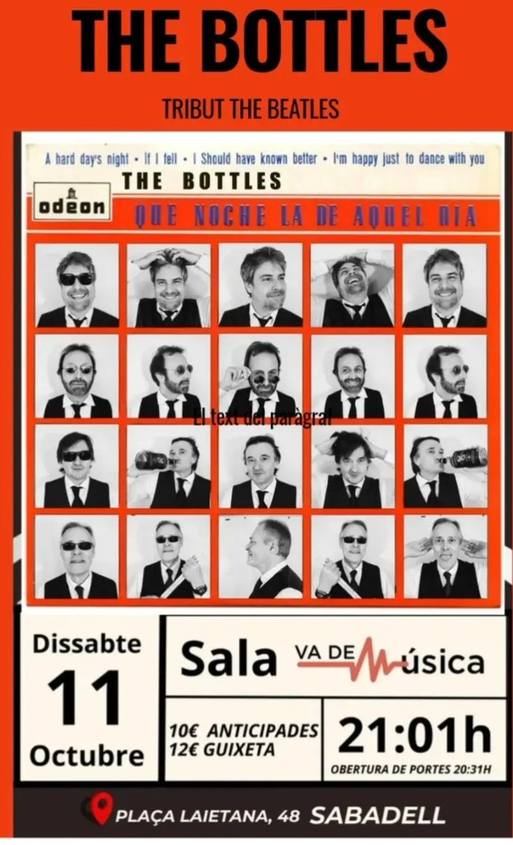 🎧 Comparteix-ho l'enllaç de THE BOTTELS un Tribut de THE BEATLES del Vallès.
Dissabte 11 d'octubre a la
Sala Vademúsica Sabadell facebook.com/1408539082/pos…