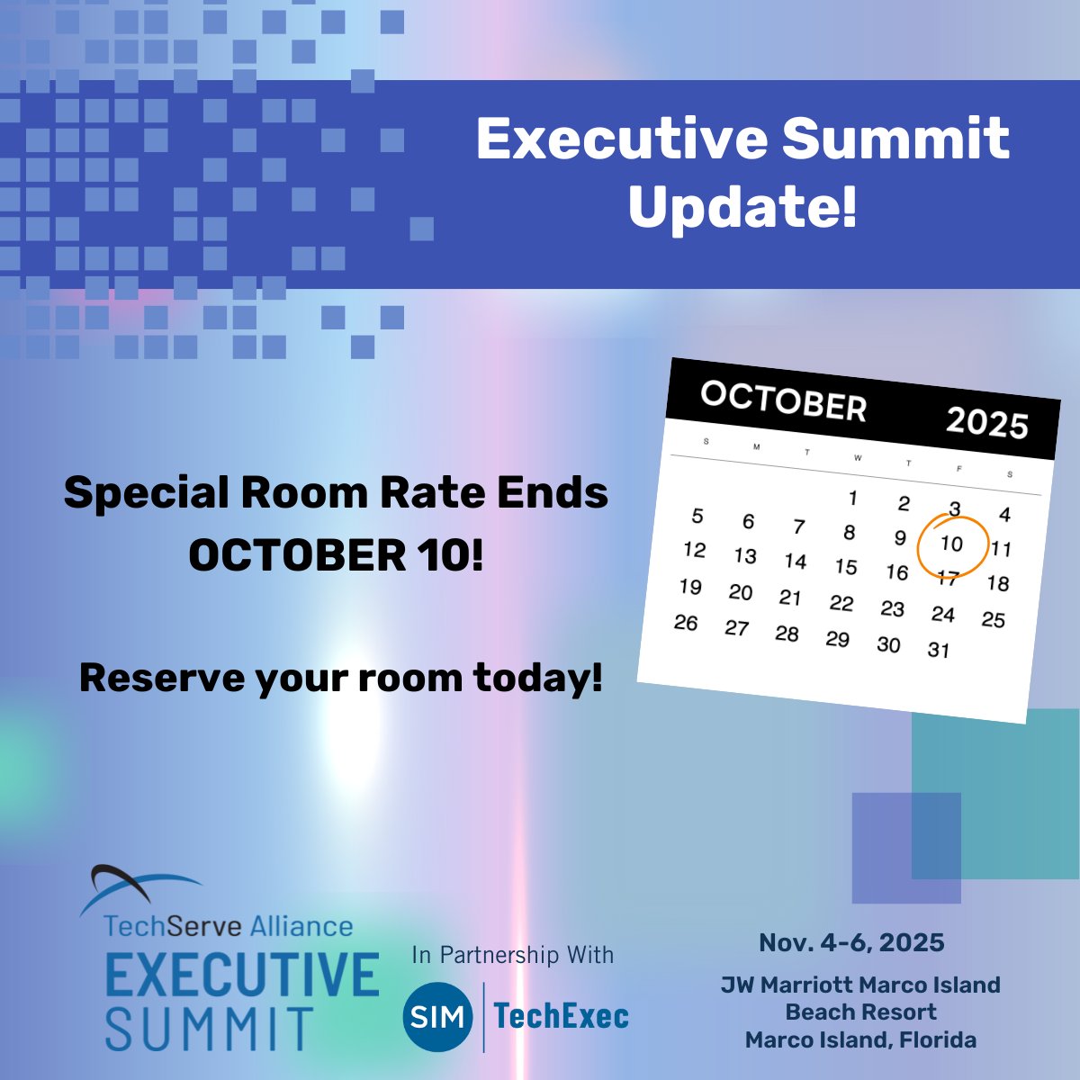 TechServe_Assoc's tweet image. Hurry - special room rates for the #techservesummit2025 end October 10 - reserve today!
Join us in November for an Executive Summit to remember.
Register today: hubs.la/Q03MwcHb0