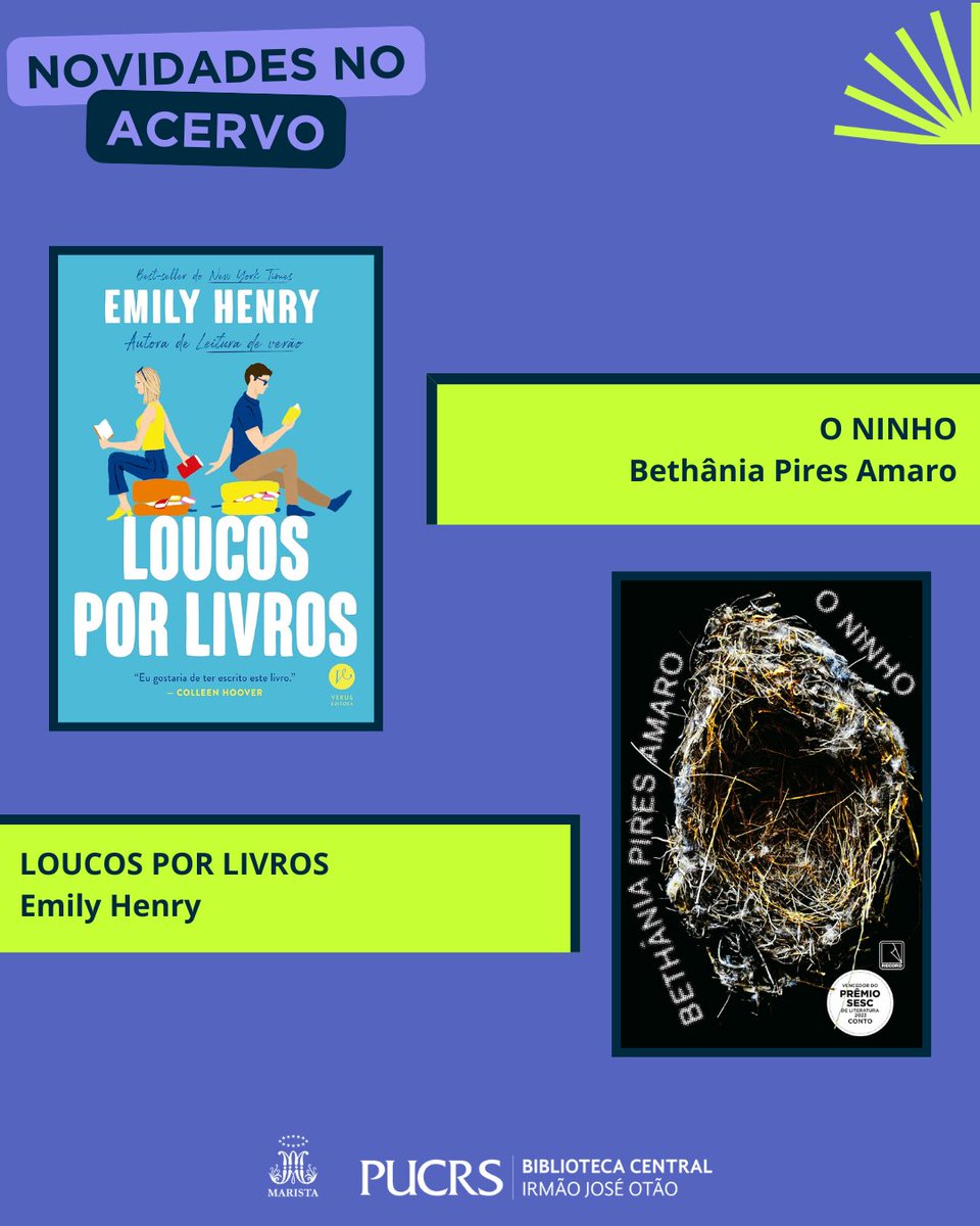 Biblioteca PUCRS (@bibliotecapucrs) on Twitter photo Atualizamos nossas estantes, corre aqui! 🏃♀️
💕 Loucos por livros (Emily Henry) traz encontros nada fofos que podem virar história de amor.
🏠 O ninho (Bethânia Pires Amaro) revela contos intensos sobre lares e fragilidades. Já na Biblioteca! Atualizamos nossas estantes, corre aqui! 🏃♀️
💕 Loucos por livros (Emily Henry) traz encontros nada fofos que podem virar história de amor.
🏠 O ninho (Bethânia Pires Amaro) revela contos intensos sobre lares e fragilidades. Já na Biblioteca!