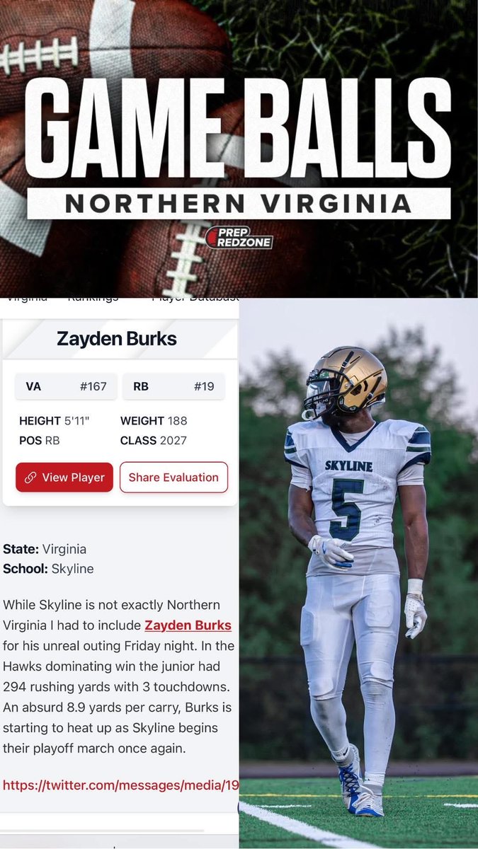 Zayden Burks (@burks_zayden6) on Twitter photo Thank you <a href="/carljfred/">Carl Frederick</a> and <a href="/PrepRedzone/">Prep Redzone 🏈</a> for the recognition!!
<a href="/SHSHawksFootbal/">Skyline High School Football</a> <a href="/Nathan_Stephe/">Nathaniel Stephenson</a> <a href="/JMUFBRecruiting/">JMU Football Recruiting</a> Thank you <a href="/carljfred/">Carl Frederick</a> and <a href="/PrepRedzone/">Prep Redzone 🏈</a> for the recognition!!
<a href="/SHSHawksFootbal/">Skyline High School Football</a> <a href="/Nathan_Stephe/">Nathaniel Stephenson</a> <a href="/JMUFBRecruiting/">JMU Football Recruiting</a>