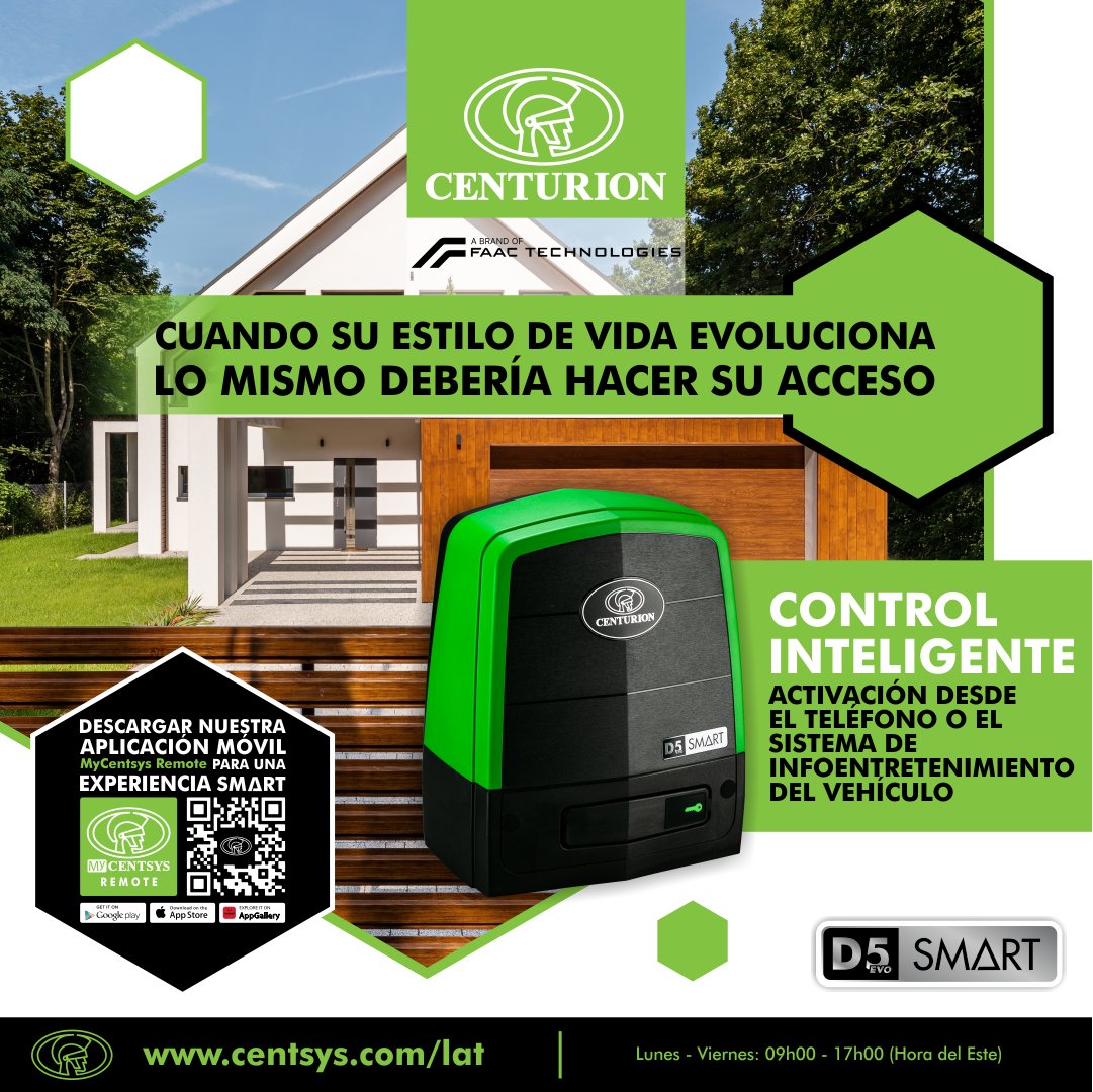 CentSys_Es's tweet photo. 𝗖𝘂𝗮𝗻𝗱𝗼 𝗮𝗰𝘁𝘂𝗮𝗹𝗶𝘇𝗮 𝘀𝘂 𝗲𝘀𝘁𝗶𝗹𝗼 𝗱𝗲 𝘃𝗶𝗱𝗮, 𝘁𝗮𝗺𝗯𝗶𝗲́𝗻 𝗱𝗲𝗯𝗲𝗿𝗶́𝗮 𝗵𝗮𝗰𝗲𝗿𝗹𝗼 𝘀𝘂 𝗽𝗼𝗿𝘁𝗼́𝗻

La vida es tranquila, sin preocupaciones… y así también es el D5-Evo SMΔRT.

Uno de los motores para portones más rápidos de su categoría, diseñado para hogares que valoran tanto la estética como la funcionalidad. Controle su portón desde su teléfono móvil o directamente desde el sistema de infoentretenimiento de su vehículo.
- Resistencia a la intrusión
- Detección activa de manipulaciones
- Funcionamiento incluso durante cortes de energía

Todo está perfectamente integrado, vivir sin esfuerzo empieza desde la entrada.
Adquiera el suyo con CENTURION.

#CenturionSystems #CENTURION #D5EVOSMART #PortonCorredizo #MotorDePorton #Domotica #CasaInteligente #Seguridad #Confiabilidad #AperturaRapida #FuncionamientoSilencioso #ControlPorApp #AccesoSeguro #Instaladores #Automatizacion #LATAM