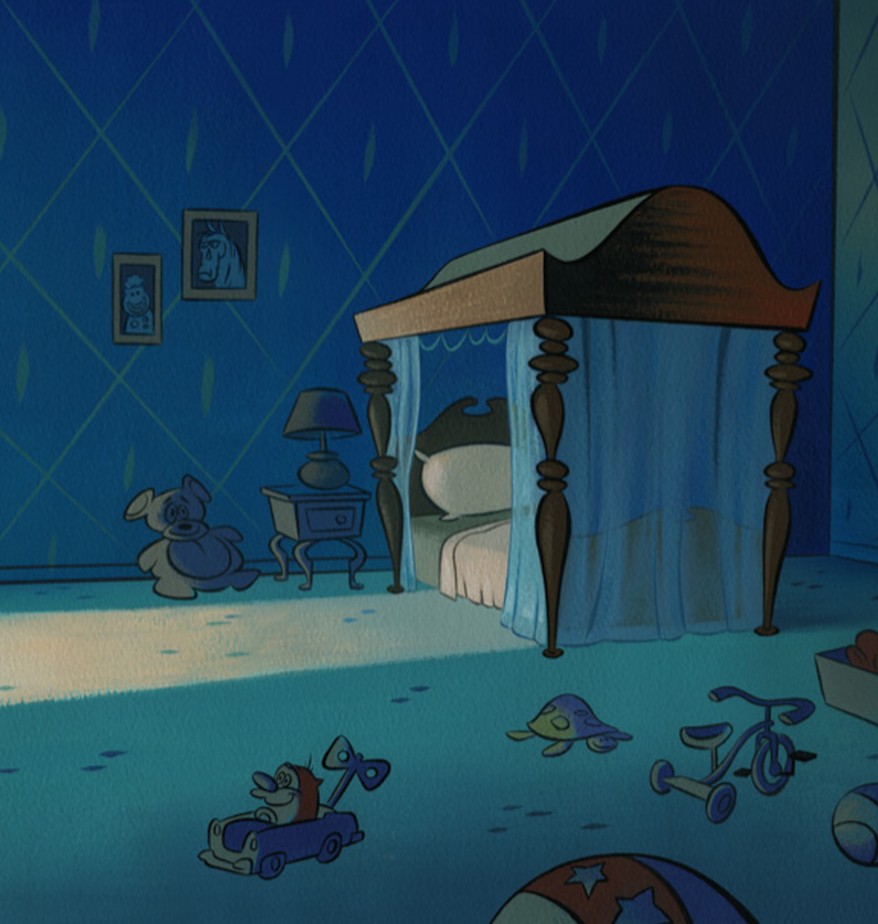 radiodormouse's tweet image. A hauntingly beautiful bedroom scene from the unpublished Art of Spümcø &amp;amp; John K book. Spot the cute Stimpy in the toy car! It’s uncredited, but judging by the style, I’d say this surreal gem might be by Bill Wray or Scott Willis. What do you think? #animationart  #renandstimpy