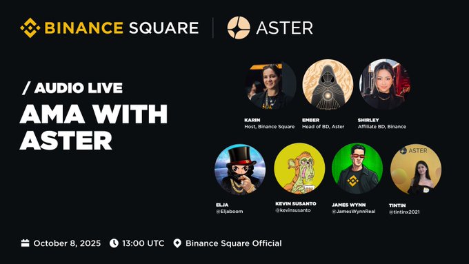 Graphic with yellow and black Binance logo at top left, text announcing Audio Live AMA with Aster, four participant profile images including a woman in professional attire, a hooded figure, another woman, and a man with glasses, bottom section with five more circular profiles of participants like Kevin Suarto in a top hat, Elijha in colorful attire, James Wyn in yellow, TW in glasses, and another woman, event details October 8 13:00 UTC Binance Square Official at bottom.
