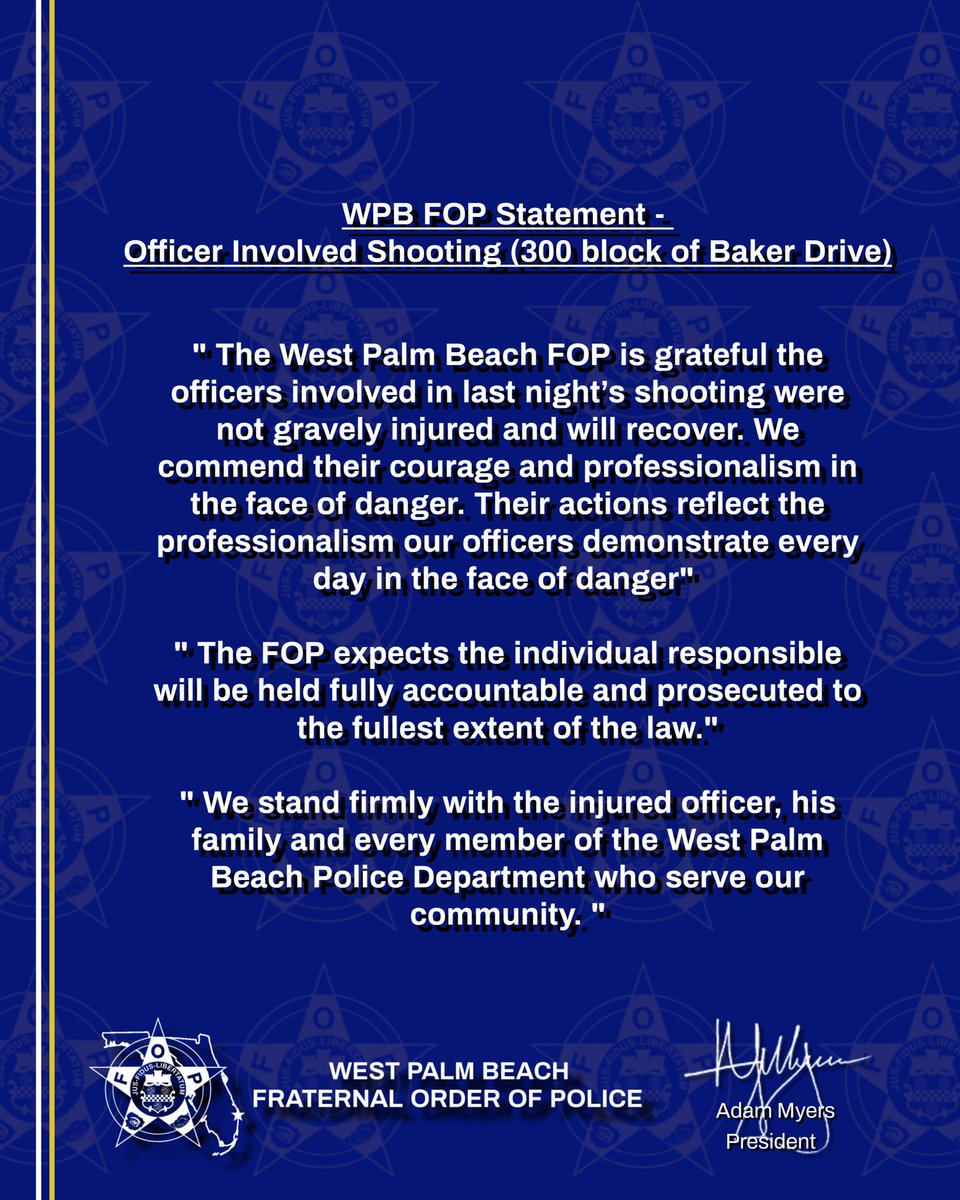 fopwpb's tweet photo. WPB FOP Statement - Officer Involved Shooting: 300 block of Baker Drive. #wpb #WestPalmBeach @WestPalmPD @WPTV @CBS12 @WPBF25News @pbpost @GLFOP https://t.co/D1AhbMPRI2