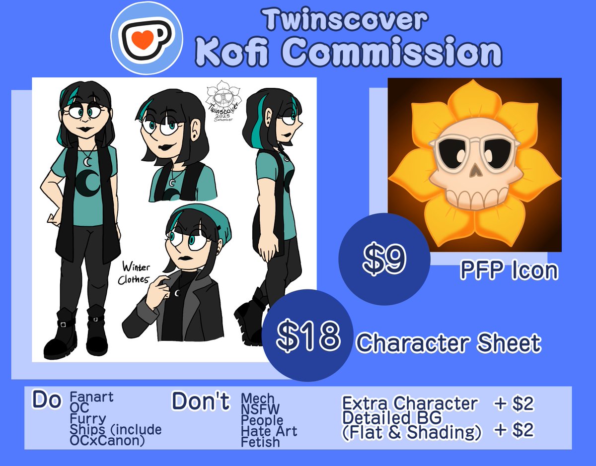 twinscover12's tweet photo. Hi, i make new Commission Sheets, bc i add new listing.
I'm open this Commission till November 30th.
So this include Oct-Nov Commission. I'm open 7 slots. So Feel free to Commission me in Kofi.
#koficommissions #commissionsopen #commissionssheet https://t.co/y61focGZsa