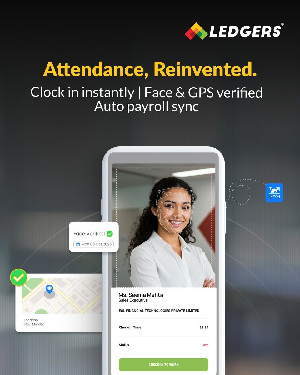 Streamline attendance tracking with precision. ⏱️

With LEDGERS.Cloud, employees can easily record attendance through facial recognition and geo-tracking, while every login and logout is automatically synced with payroll in real time.
