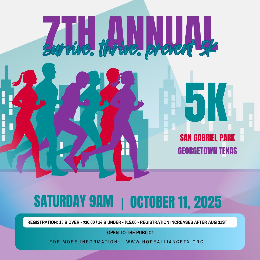 In support of Domestic Violence Awareness Month we hope you will join us this Staurday for the Hope Alliance 5k in Georgetown.  Come out and run or walk to raise money to provide resources for survivors of domestic violence. #dvam2025