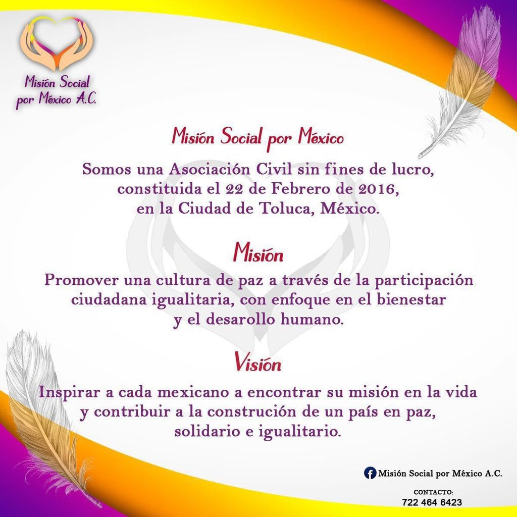 MisionSocialM's tweet photo. Conoce más sobre Misión Social por México A.C. ¡Síguenos en nuestras redes sociales!

#MXM #InspirandoAMéxico #ConstructoresDePaz https://t.co/SdDdA4wpBt