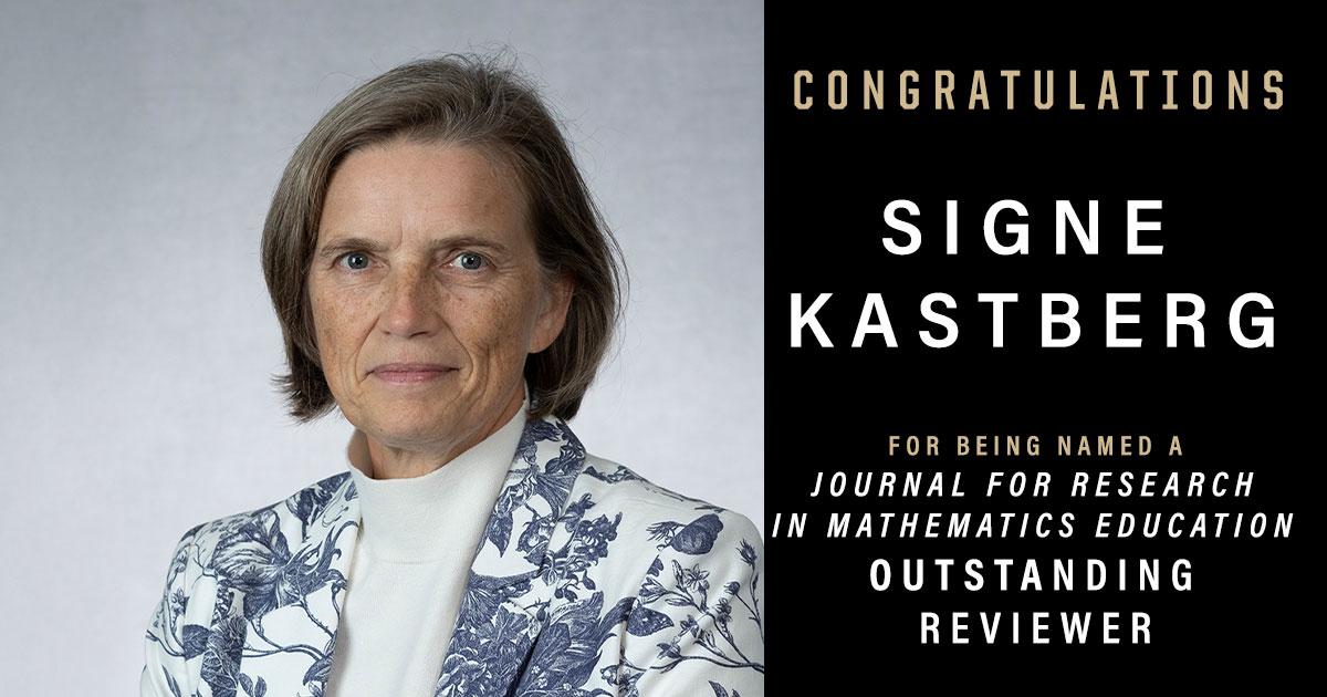 PurdueEDU's tweet photo. Dr. Signe Kasterg, professor of math ed, was recognized as a Journal for Research in Mathematics Education Outstanding Reviewer. She'll be honored at upcoming @NCTM meeting in Atlanta, GA &amp; in Nov. 2025 issue of #JMRE. https://t.co/L08EV2Gybq