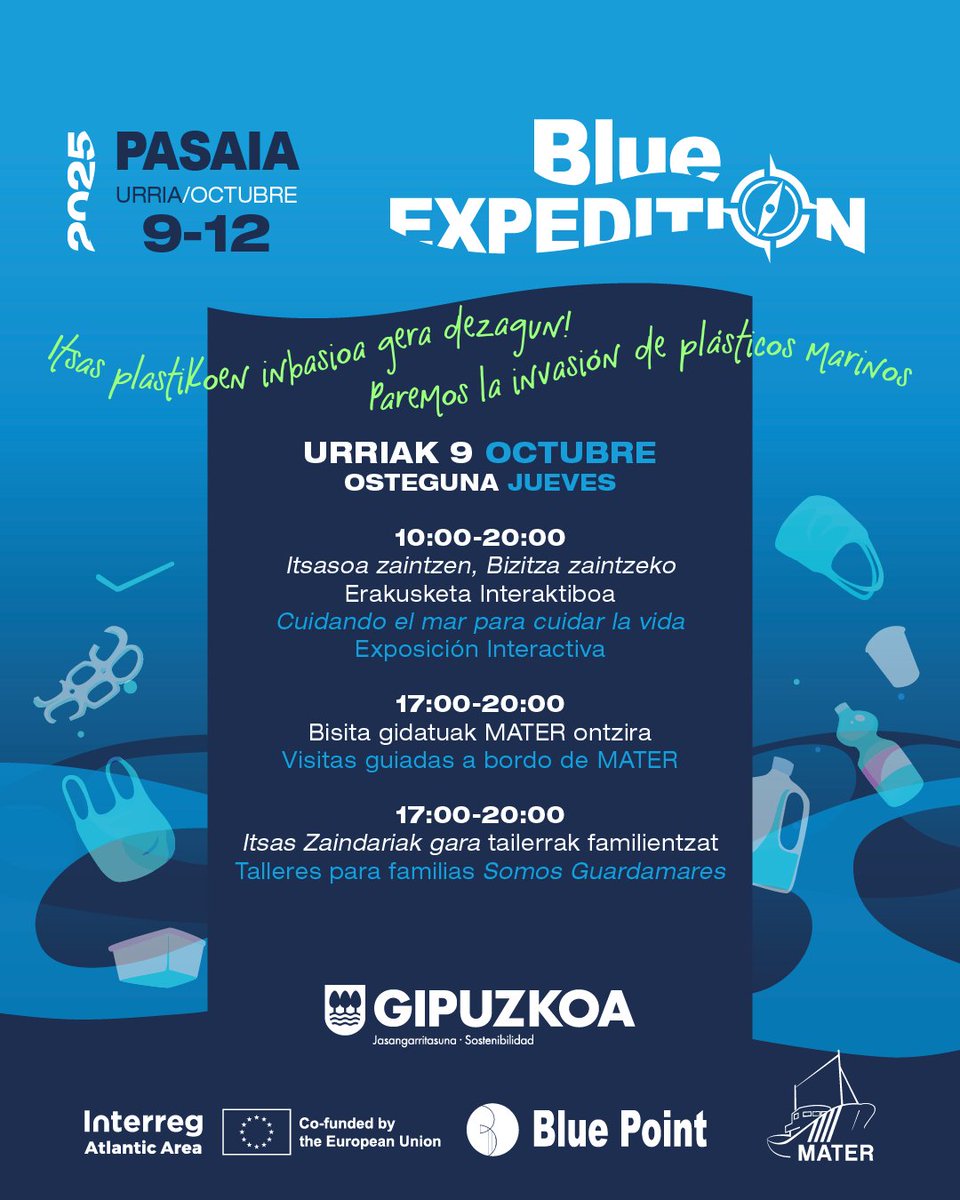 Bluepointproj's tweet photo. 📍 Pasaia, 9–12 oct
¡Consulta el programa completo de la #BlueExpedition!
Exposición, talleres, documental, recogida de residuos y más 🌊
💙 Por un mar libre de plásticos
#BluePointProject #BlueAmbassadors @OrainIngurumena @MaterMuseoa https://t.co/o5deuSVTjD
