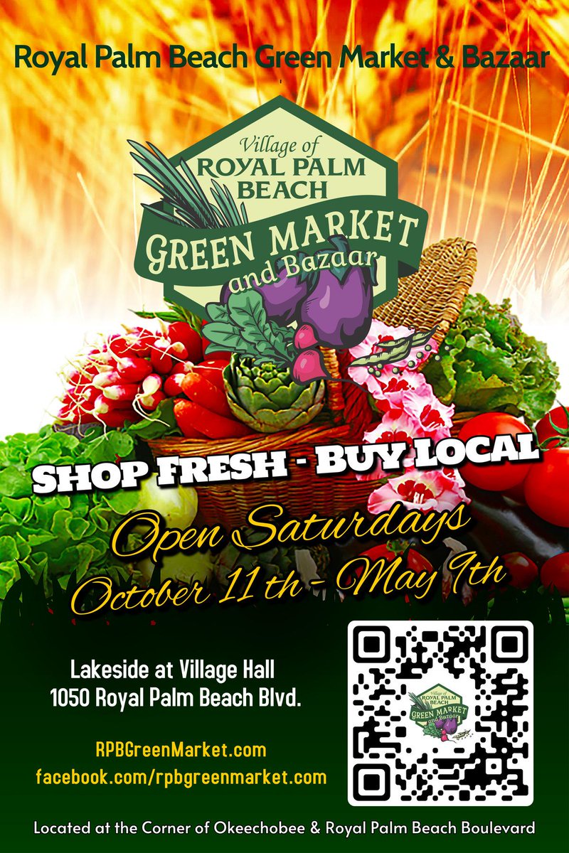 The Royal Palm Beach Green Market &amp; Bazaar is BACK this weekend! 🌿
🗓️ Saturday, Oct. 11 | 9 AM–1 PM
📍 Okeechobee Blvd. &amp; Royal Palm Beach Blvd.
Shop local vendors, enjoy fresh produce, coffee, pastries &amp; more—all in a pet-friendly market! 🛍️🐾
👉 Learn more or become a vendor: