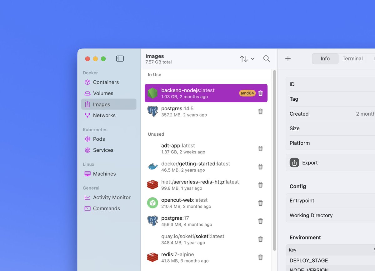If you're on Mac and prefer native apps, replace Docker Desktop with Orbstack.

Very clean and sane.