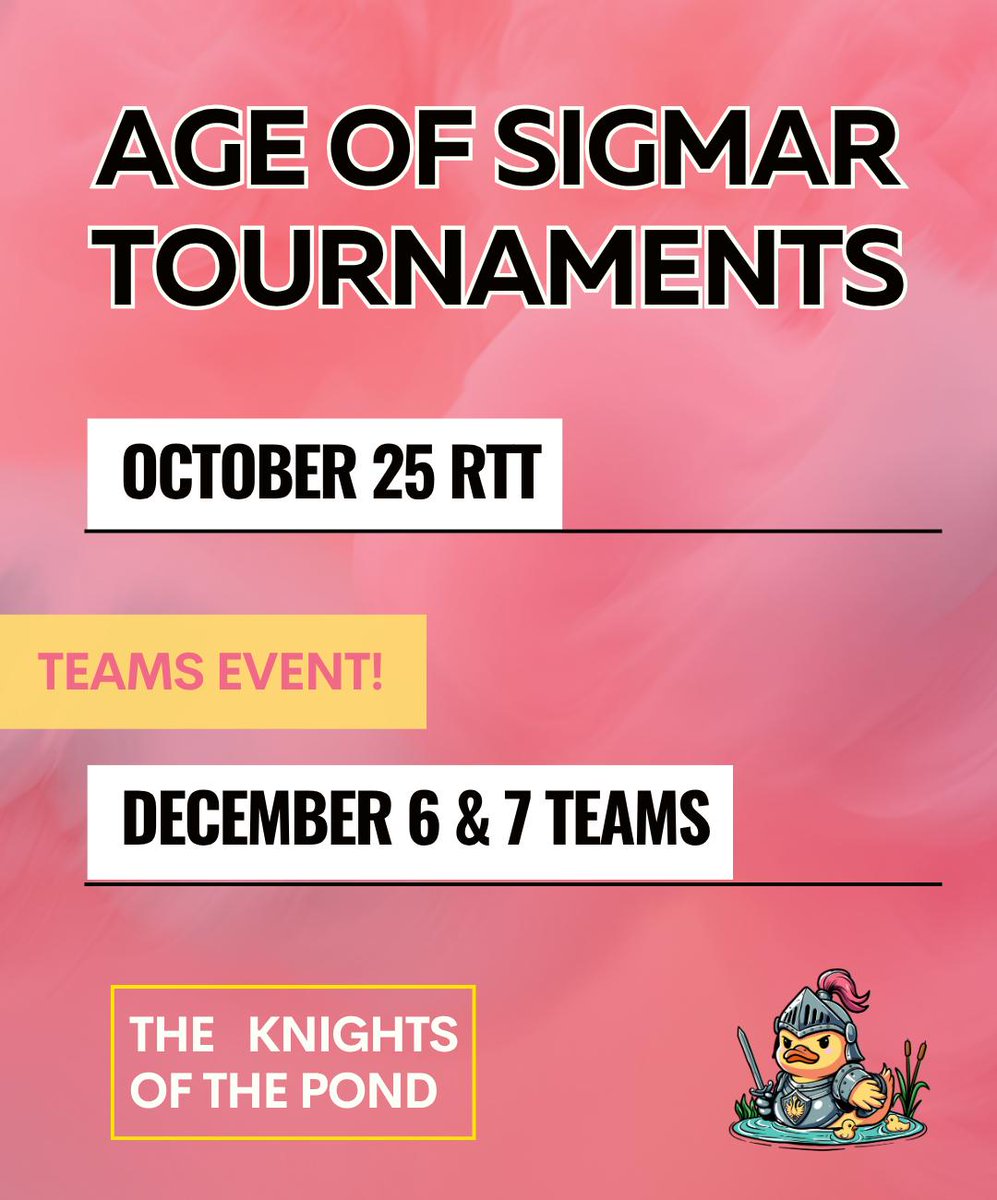 🎃OCTOBER 25 AOS RTT  bestcoastpairings.com/event/PfVGJo2H…

🧤DECEMBER 6 &amp; 7 AOS TEAMS TOURNAMENT!
 at Bazooka Games. Westminster, MD. bestcoastpairings.com/event/fByDt5V5…

#WarhammerCommunity #AgeOfSigmar