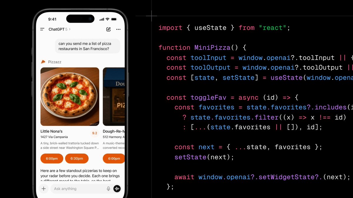 midudev's tweet image. ¡Bombazo de OpenAI! Han lanzado Apps SDK.
Para crear tus propias aplicaciones dentro de ChatGPT.

✓ React para crear la UI
✓ MCP para APIs y lógica
✓ Estado persistente y acceso a modelos de IA

¿Hacemos curso la semana que viene? 👍