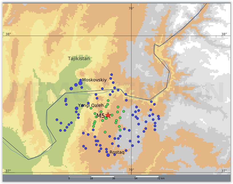 QLARM's tweet image. EARTHQUAKE M5.0. Origin Time: 2025-10-07 11:36 UTC, Afghanistan-Tajikistan border region (37.42 ; 69.83), Depth: 10.0 km, (source(s): GFZ). Estimated fatalities: 0 to 50, injured: 10 to 200