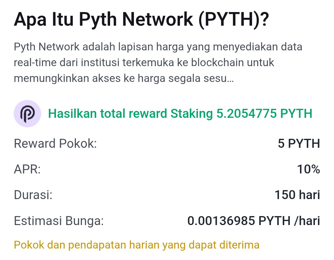 Binance Learn &amp; Earn Complete Quiz Get Free Reward 5 $PYTH

Answer
- C) Lebih dari 100
- B) Lebih dari 2.000
- B) Layanan berlangganan dst
- B) Memutuskan biaya
- B) Perusahaan dagang
- A) Membuat harga
- B) Akses terbatas dst
- B) Staking dst
- B) Interval dst
- B) Sebuah sistem