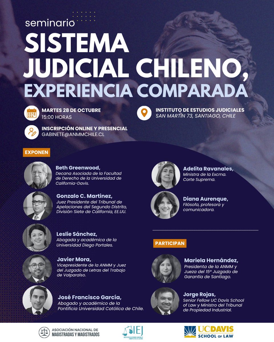 Junto al <a href="/iejchile/">IEJ Chile</a> y UC Davis School of Law, los invitamos a participar en el seminario “Sistema judicial chileno, experiencia comparada”, que reunirá a destacadas y destacados exponentes nacionales e internacionales para reflexionar sobre los desafíos y aprendizajes compartidos.