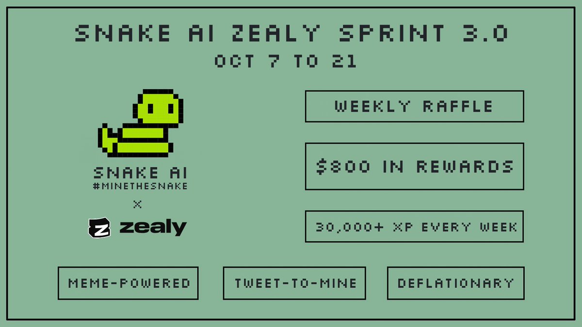 playSnakeAI's tweet image. The SnakeAI Sprint 3.0 with $800 in USDC rewards is LIVE now on @zealy_io! 🎉
📅 October 7th (13:30 UTC) to 21st (12:00 UTC)
🎁 Top 10 on the leaderboard share $200!
➕ $300 weekly in raffles, meme comps & more!
🐍 Start here: zealy.io/cw/snakeai/lea…
More quests = more XP.
All…