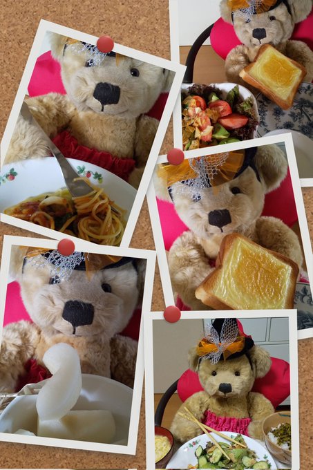 Multiple polaroid photos pinned to a corkboard feature a teddy bear with brown fur wearing a pink dress, white bow, and black hat, sitting at a table with a plate of spaghetti garnished with sauce and fork, a bowl of green salad with tomatoes and vegetables, slices of toast on a plate, and a dish of sliced white radish. The bear appears in various poses holding utensils or next to the food items in a playful dining setup. No watermarks from external platforms are visible.