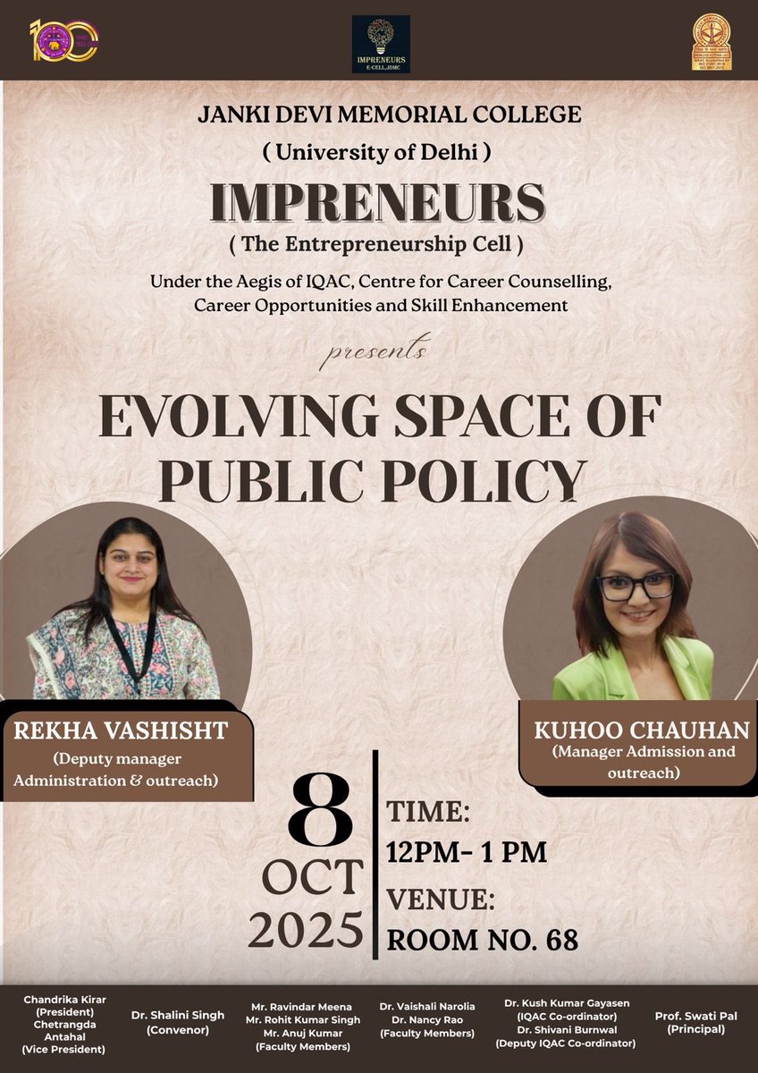 Impreneurs_jdmc's tweet photo. Policies shape nations. Awareness shapes leaders. 🌍
Be part of the conversation, and join us tomorrow as we decode the policies shaping our future.💡
🗓️ October 8 2025 | ⏰ 12–1 PM | 📍Room no. 68

#PublicPolicies #Impreneurs #JDMC https://t.co/7mowhUWSKM